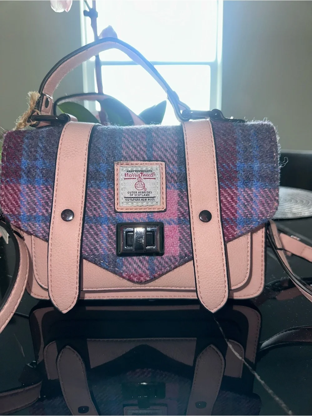 NEW Islander Harris Tweed Pink & Blue Tartan 100% Wool Handwoven Mini Satchel